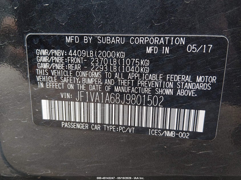 2018 Subaru Wrx VIN: JF1VA1A68J9801502 Lot: 45143247