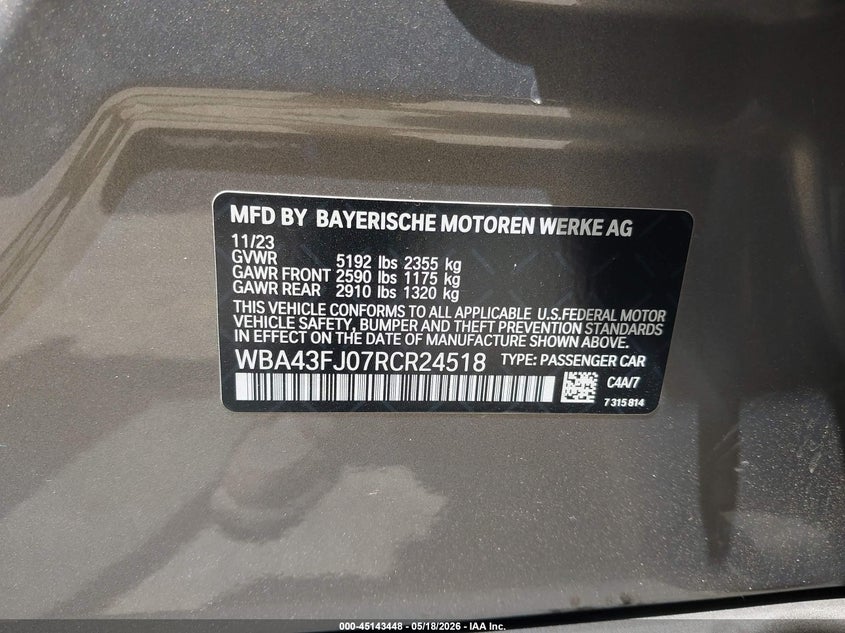 VIN: WBA43FJ07RCR24518 2024 BMW 530I