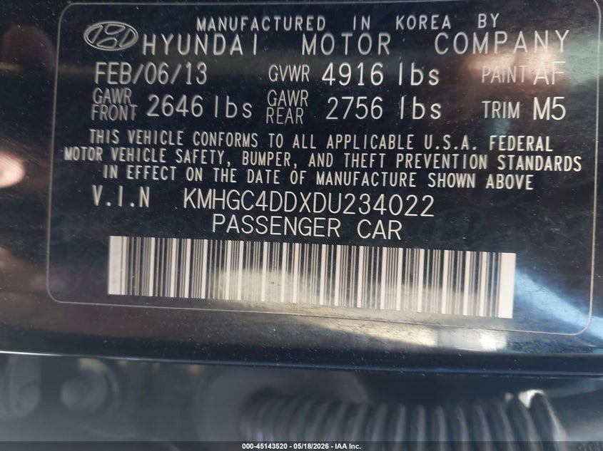 2013 Hyundai Genesis 3.8 VIN: KMHGC4DDXDU234022 Lot: 45143520