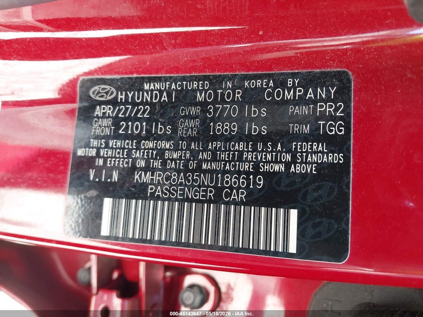 2022 Hyundai Venue Sel VIN: KMHRC8A35NU186619 Lot: 45143647