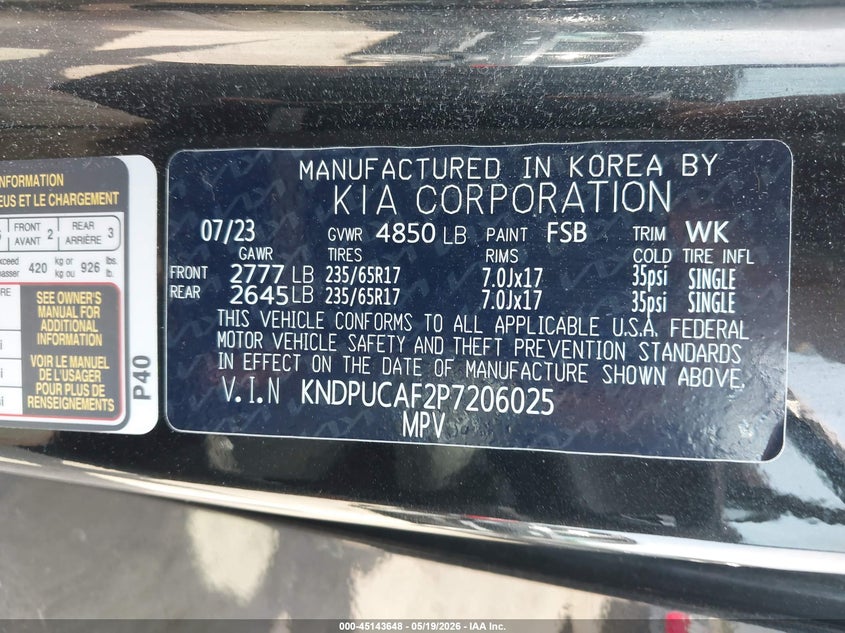 VIN KNDPUCAF2P7206025 2023 KIA SPORTAGE LX