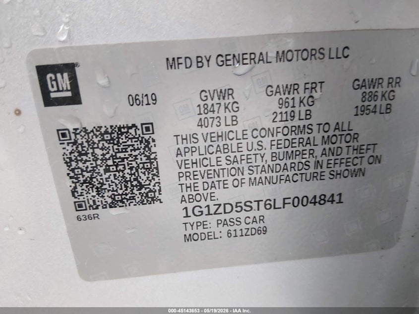 VIN 1G1ZD5ST6LF004841 2020 CHEVROLET MALIBU FWD LT