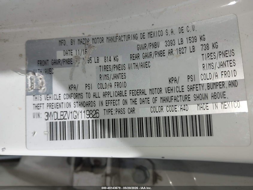 2016 Scion Ia VIN: 3MYDLBZV1GY119826 Lot: 45143679