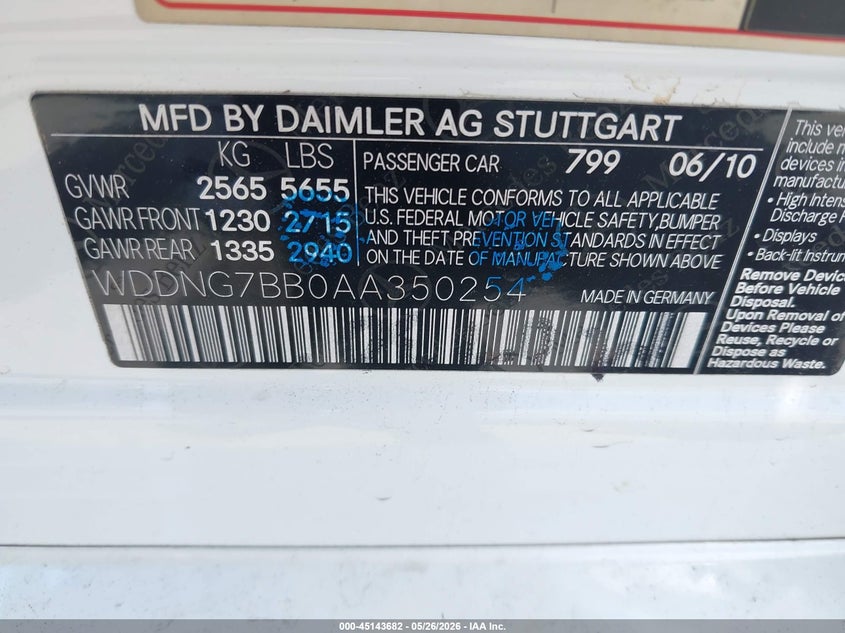 2010 Mercedes-Benz S 550 VIN: WDDNG7BB0AA350254 Lot: 45143682