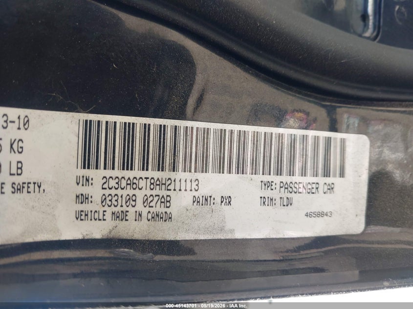 2010 Chrysler 300c 5.7 Hemi black Lot 111045143701 Vin 2C3CA6CT8AH211113