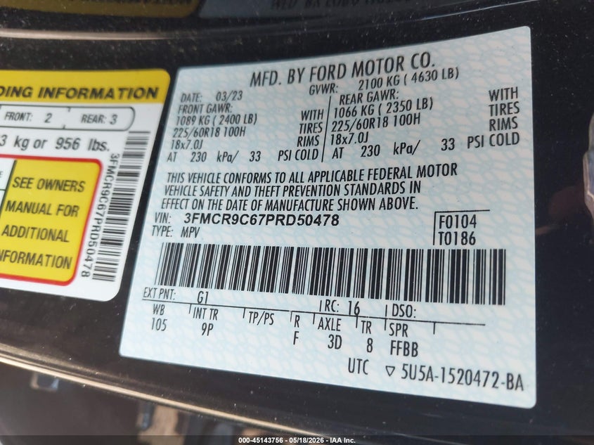 2023 Ford Bronco Sport Outer Banks VIN: 3FMCR9C67PRD50478 Lot: 45143756