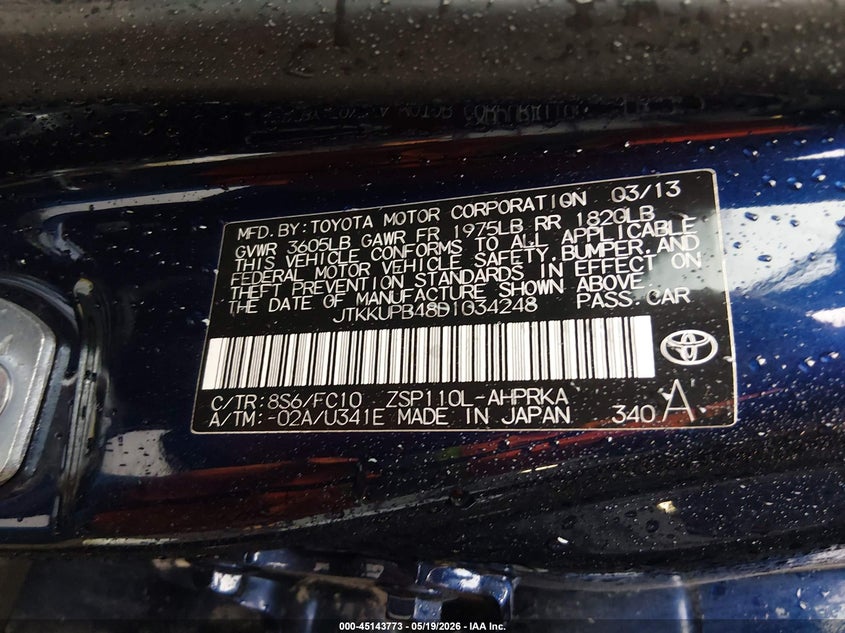 2013 Scion Xd VIN: JTKKUPB48D1034248 Lot: 45143773