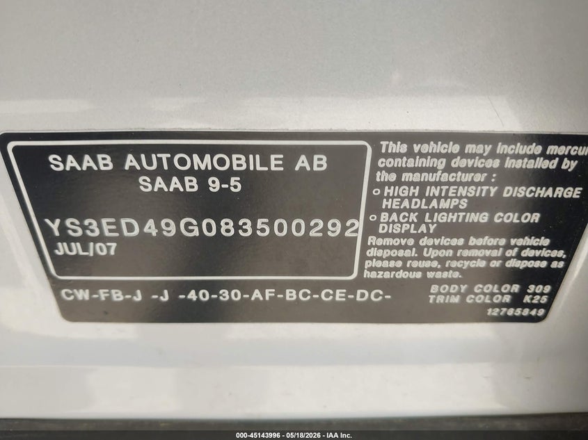 2008 Saab 9-5 2.3T VIN: YS3ED49G083500292 Lot: 45143996