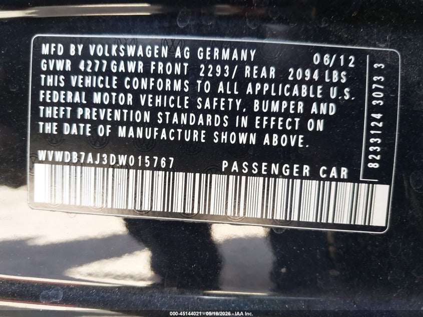 2013 Volkswagen Golf 2.5L 4-Door VIN: WVWDB7AJ3DW015767 Lot: 45144021