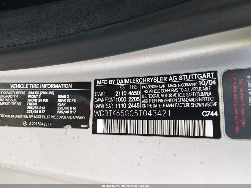 2005 Mercedes-Benz Clk 320 VIN: WDBTK65G05T043421 Lot: 45144024