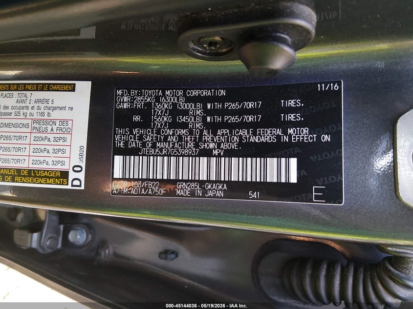 2016 TOYOTA 4RUNNER SPORT UTILITY VEHICLE 4.0L V-6 DOHC, VVT, 270HP