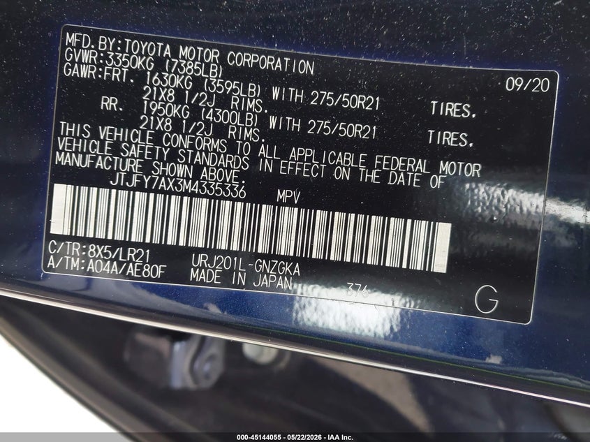 2021 Lexus Lx 570 Two-Row VIN: JTJFY7AX3M4335336 Lot: 45144055