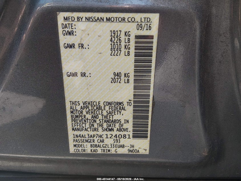 VIN 1N4AL3AP7HC124081 2017 NISSAN ALTIMA 2.5 S
