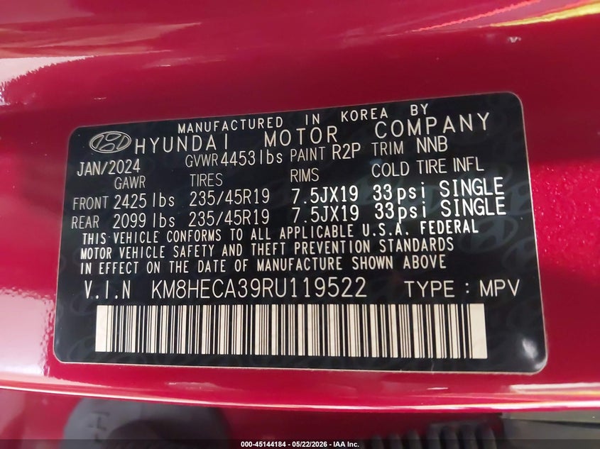 2024 Hyundai Kona Limited VIN: KM8HECA39RU119522 Lot: 45144184