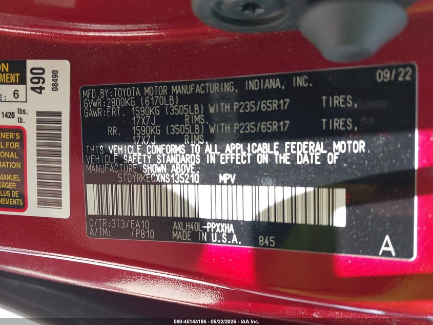 2022 Toyota Sienna Xle VIN: 5TDYRKECXNS135210 Lot: 45144186