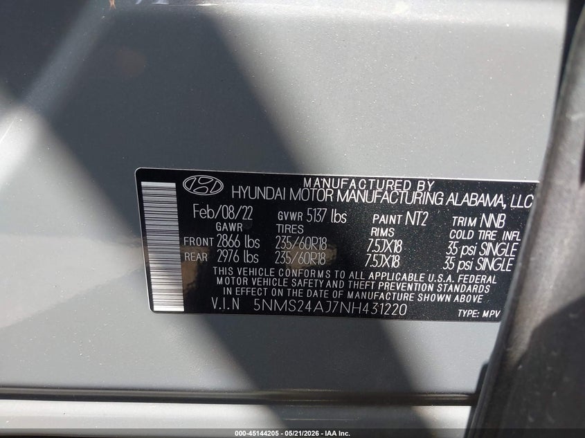 VIN 5NMS24AJ7NH431220 2022 HYUNDAI SANTA FE SEL