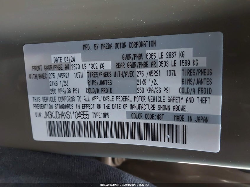 2025 MAZDA CX-70 PHEV 2.5L I-4 DI, DOHC, V(VIN: JM3KJDHAXS1104655