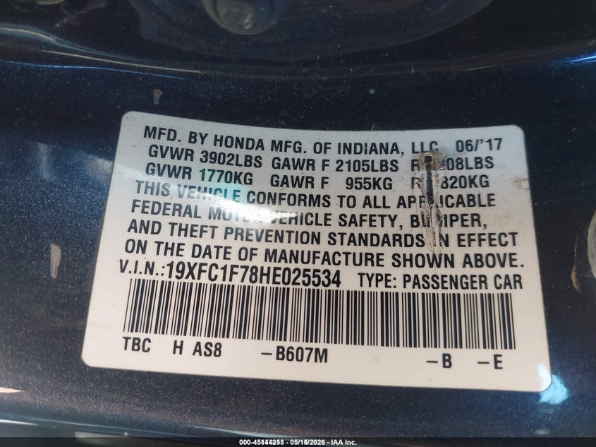 VIN 19XFC1F78HE025534 2017 HONDA CIVIC EX-L