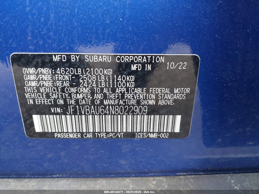 2022 Subaru Wrx Gt VIN: JF1VBAU64N8022909 Lot: 45144271