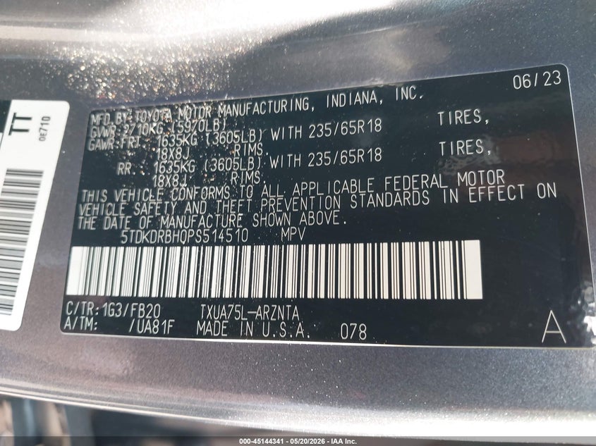 2023 TOYOTA HIGHLANDER 2.4L I-4 DI, DOHC, V(VIN: 5TDKDRBH0PS514510