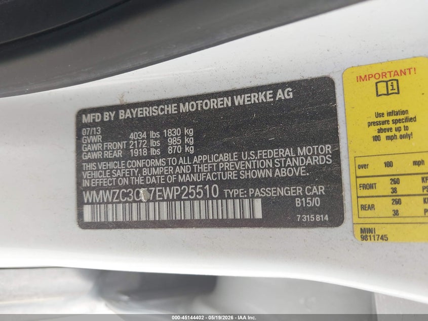 2014 Mini Countryman Cooper S VIN: WMWZC3C57EWP25510 Lot: 45144402