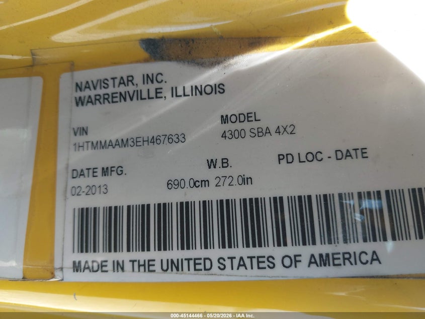 2014 International 4000 4300 yellow Lot 111045144466 Vin 1HTMMAAM3EH467633