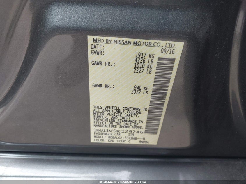 VIN 1N4AL3AP5HC129246 2017 NISSAN ALTIMA 2.5 S