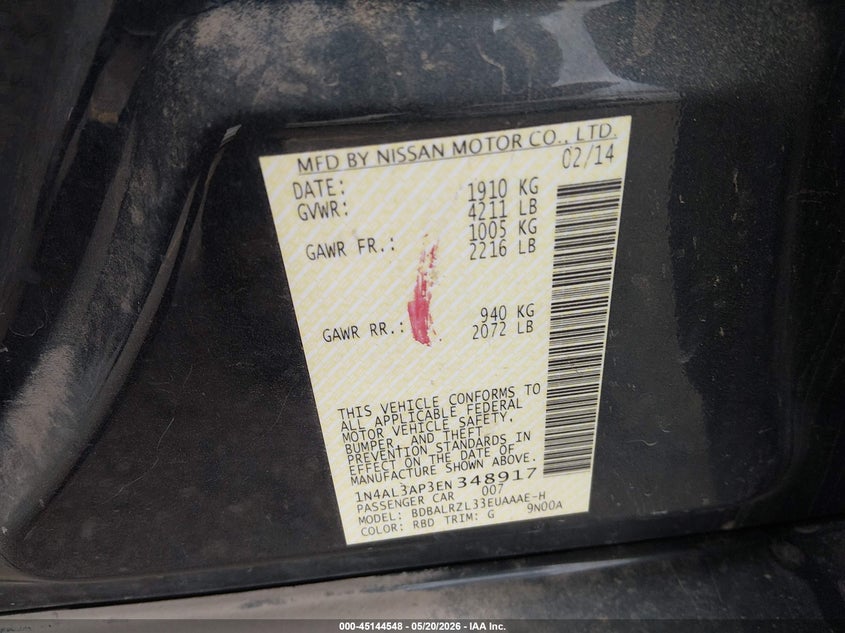 2014 NISSAN ALTIMA SEDAN 2.5L I-4 DOHC, VVT, 182HP