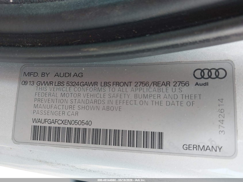 2014 Audi A6 3.0T Premium Plus VIN: WAUFGAFCXEN050540 Lot: 45144560