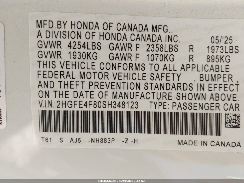 2025 HONDA CIVIC HYBRID 2.0L I-4 DI, DOHC, V(VIN: 2HGFE4F80SH348123
