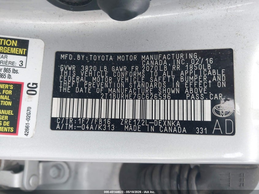 2016 TOYOTA COROLLA SEDAN 1.8L I-4 DOHC, VVT, 132HP