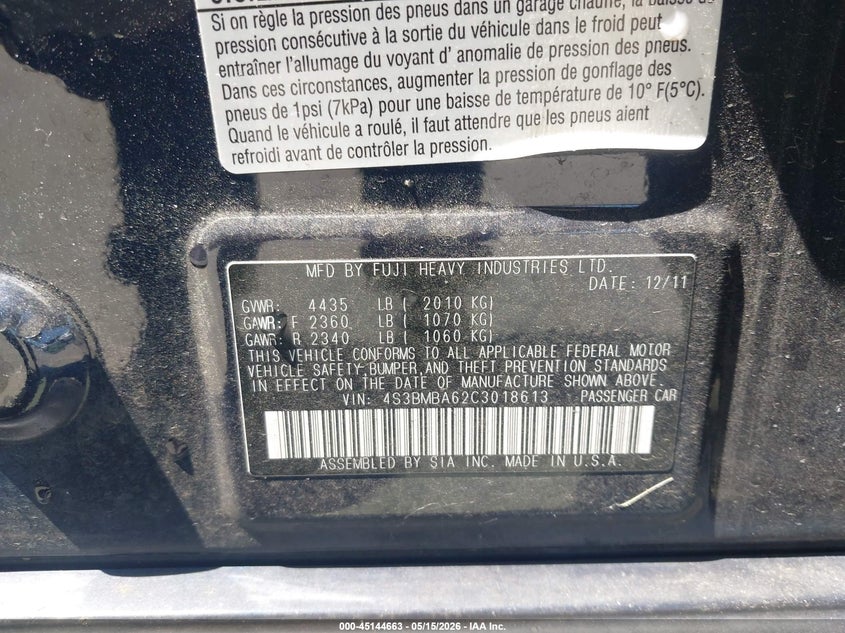 2012 Subaru Legacy 2.5I VIN: 4S3BMBA62C3018613 Lot: 45144663