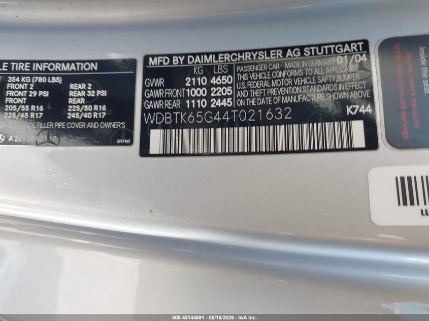 2004 Mercedes-Benz Clk 320 VIN: WDBTK65G44T021632 Lot: 45144691