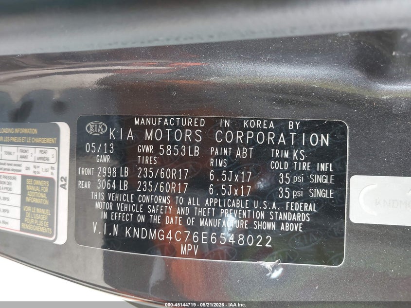 2014 Kia Sedona Lx VIN: KNDMG4C76E6548022 Lot: 45144719