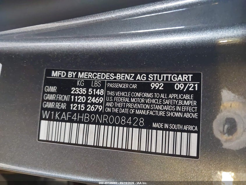 2022 Mercedes-Benz C 300 4Matic VIN: W1KAF4HB9NR008428 Lot: 45145092