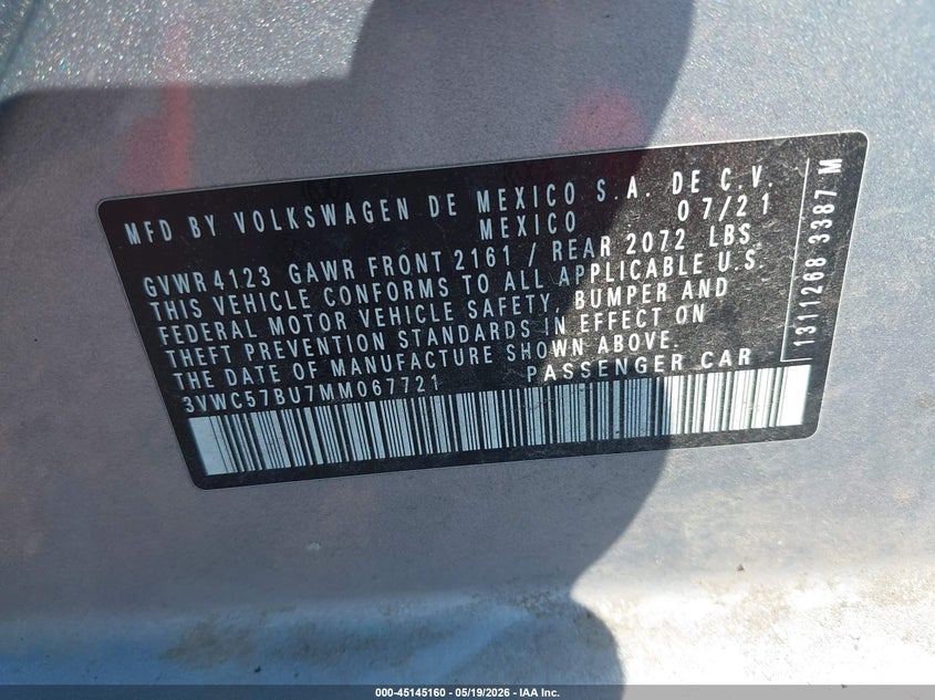 2021 VOLKSWAGEN JETTA 1.4L I-4 DI, DOHC, V(VIN: 3VWC57BU7MM067721