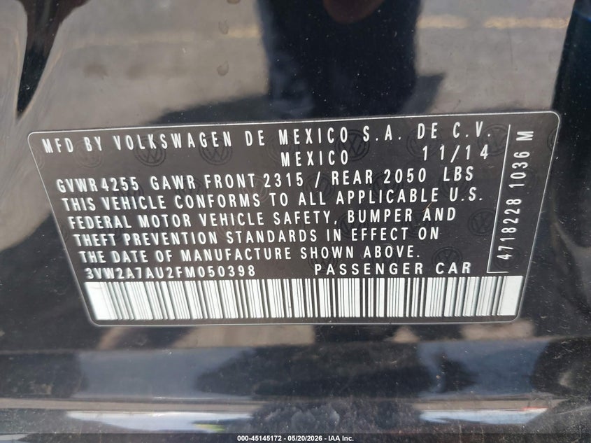 2015 Volkswagen Golf Tdi S 4-Door VIN: 3VW2A7AU2FM050398 Lot: 45145172