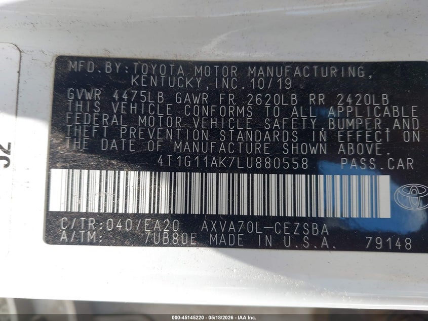 VIN 4T1G11AK7LU880558 2020 TOYOTA CAMRY SE