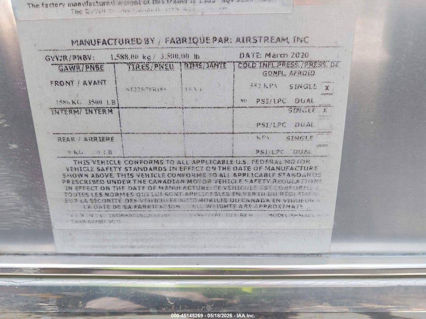 VIN: 1STHMAC18LJ553285 2020 AIRSTREAM BAMBI