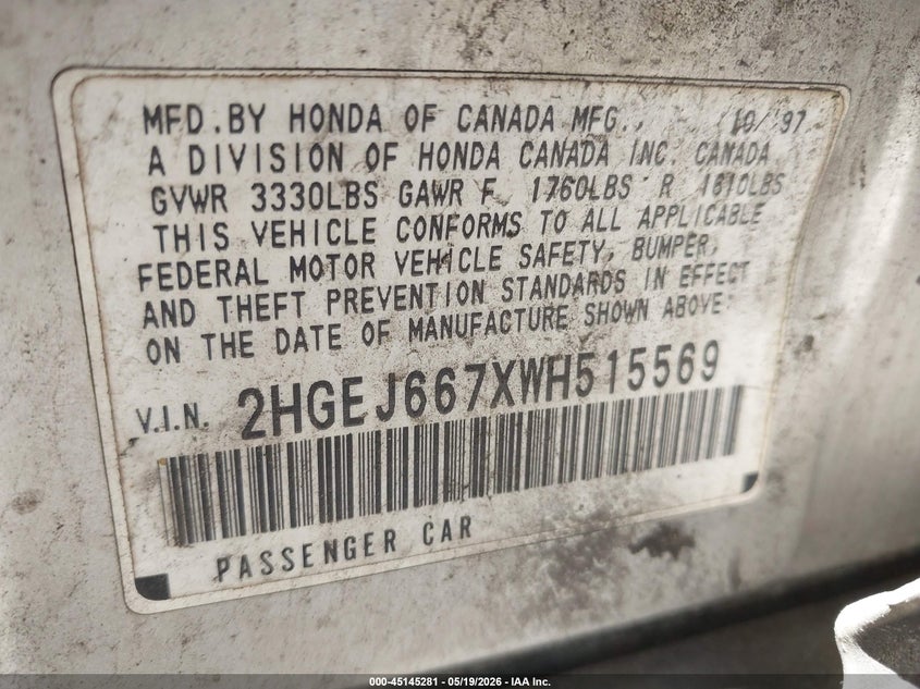 1998 Honda Civic Lx VIN: 2HGEJ667XWH515569 Lot: 45145281