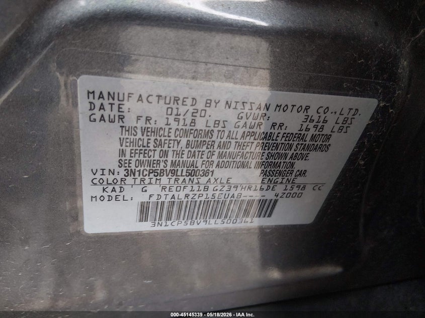 VIN 3N1CP5BV9LL500361 2020 NISSAN KICKS S XTRONIC CVT
