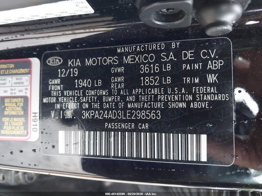 VIN 3KPA24AD3LE298563 2020 KIA RIO S