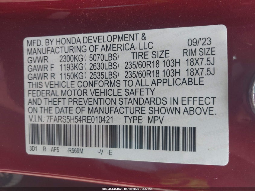 2024 HONDA CR-V HYBRID 2.0L I-4 DI, DOHC, V(VIN: 7FARS5H54RE010421