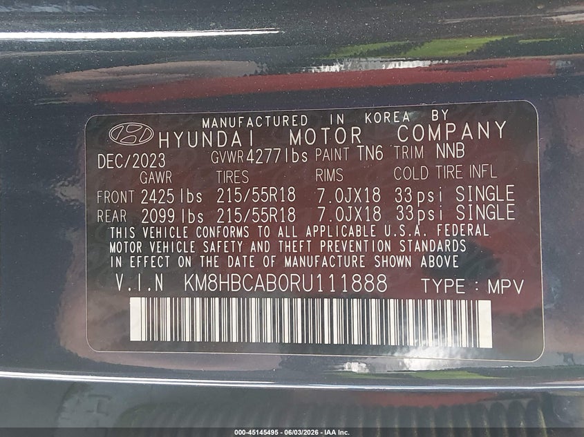 2024 Hyundai Kona Sel VIN: KM8HBCAB0RU111888 Lot: 45145495