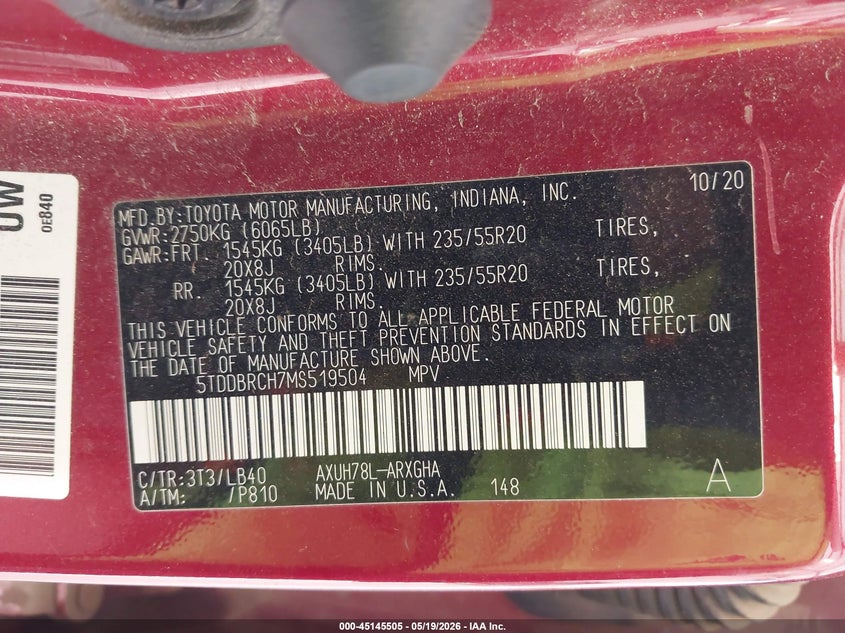 2021 TOYOTA HIGHLANDER 2.5L I-4 DI, DOHC, V(VIN: 5TDDBRCH7MS519504
