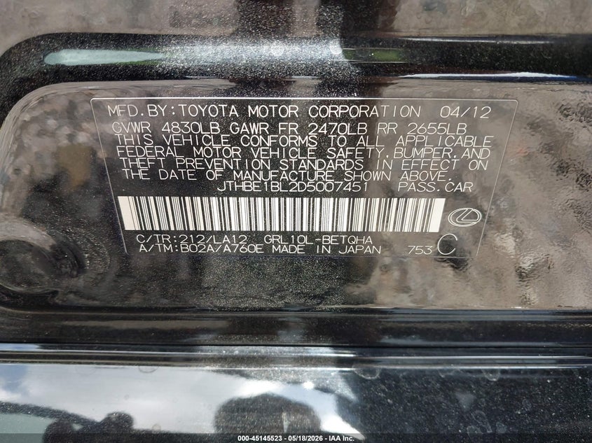 2013 Lexus Gs 350 VIN: JTHBE1BL2D5007451 Lot: 45145523