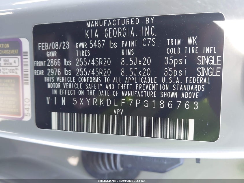 2023 KIA SORENTO 2.5L I-4 DI, DOHC, V(VIN: 5XYRKDLF7PG186763