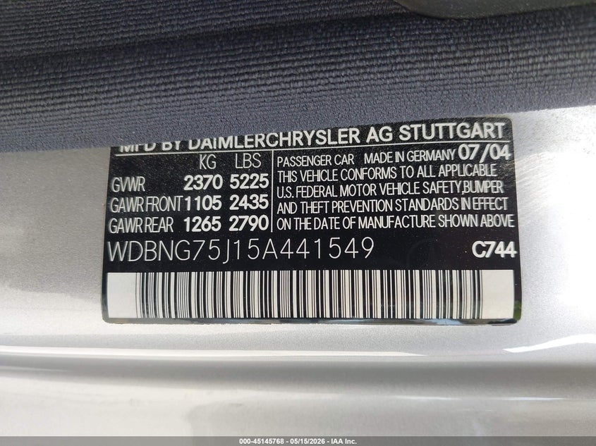2005 Mercedes-Benz S 500 VIN: WDBNG75J15A441549 Lot: 45145768