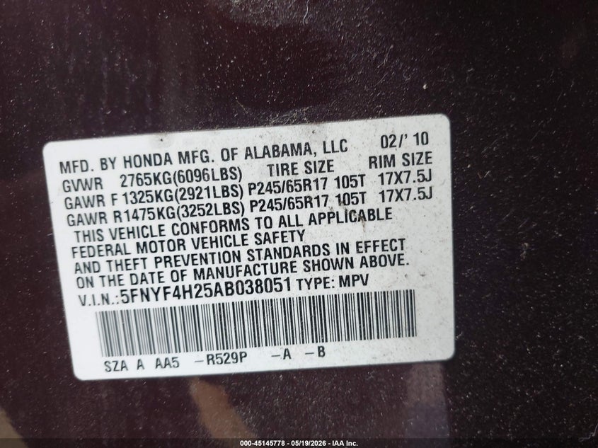 2010 Honda Pilot 3.5 Lx Red Lot 111045145778 Vin 5FNYF4H25AB038051