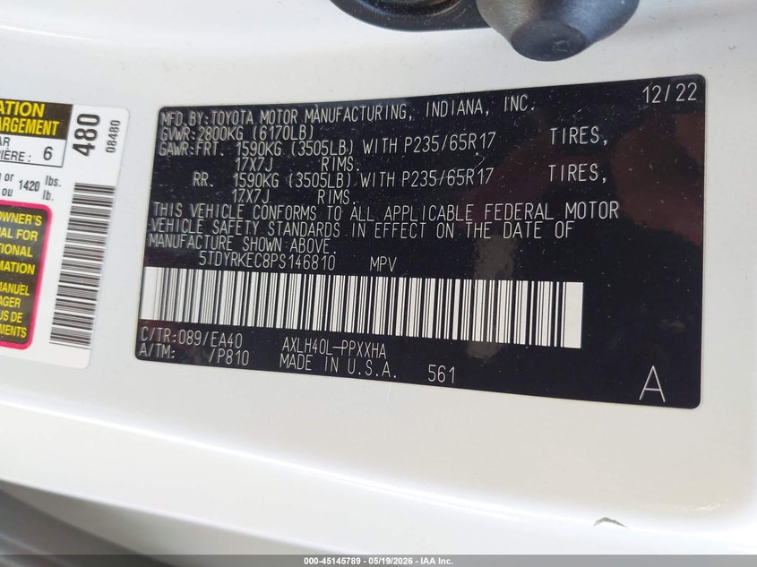 2023 TOYOTA SIENNA 2.5L I-4 DI, DOHC, V(VIN: 5TDYRKEC8PS146810
